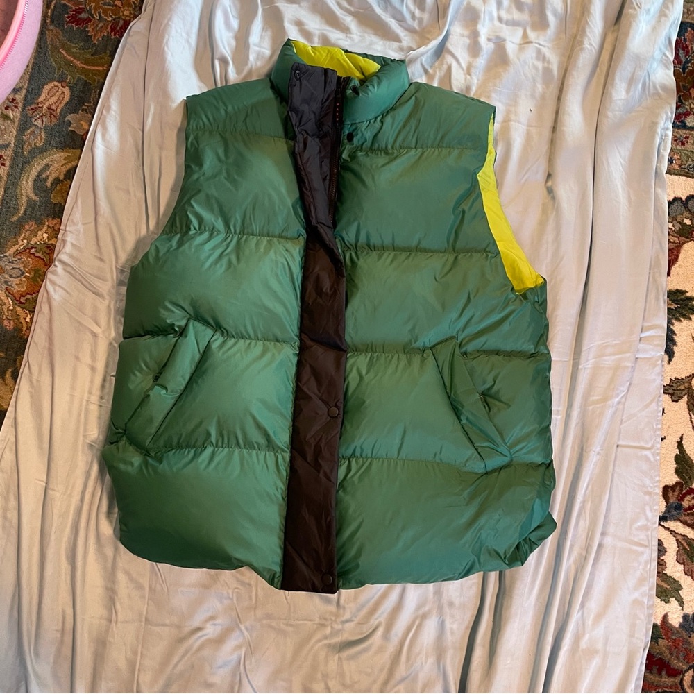 Uniqlo Green Puffer Down Vest with Black Trim and Yellow Lining